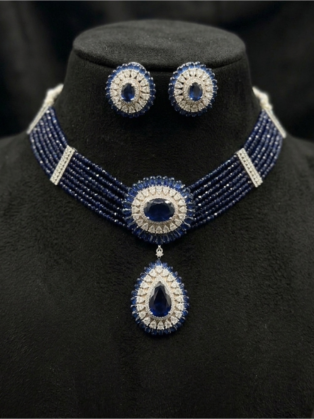 Blue Crystal Multi-Strand Choker Necklace With Matching Earrings